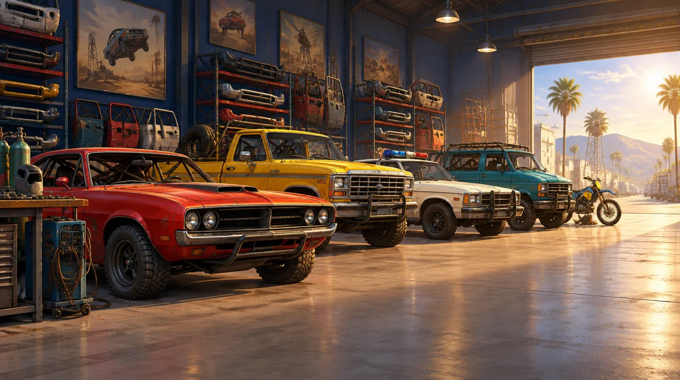 Garasi stunt Breakaway: muscle car merah, pikap kuning, sedan polisi, van, dan motor trail berderet menghadap pintu gulung yang terbuka.