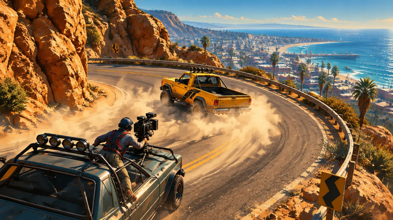 Pikap kuning menikung berdebu di Canyon Road, direkam juru kamera dari bak mobil di belakangnya, kota pantai terlihat di bawah.