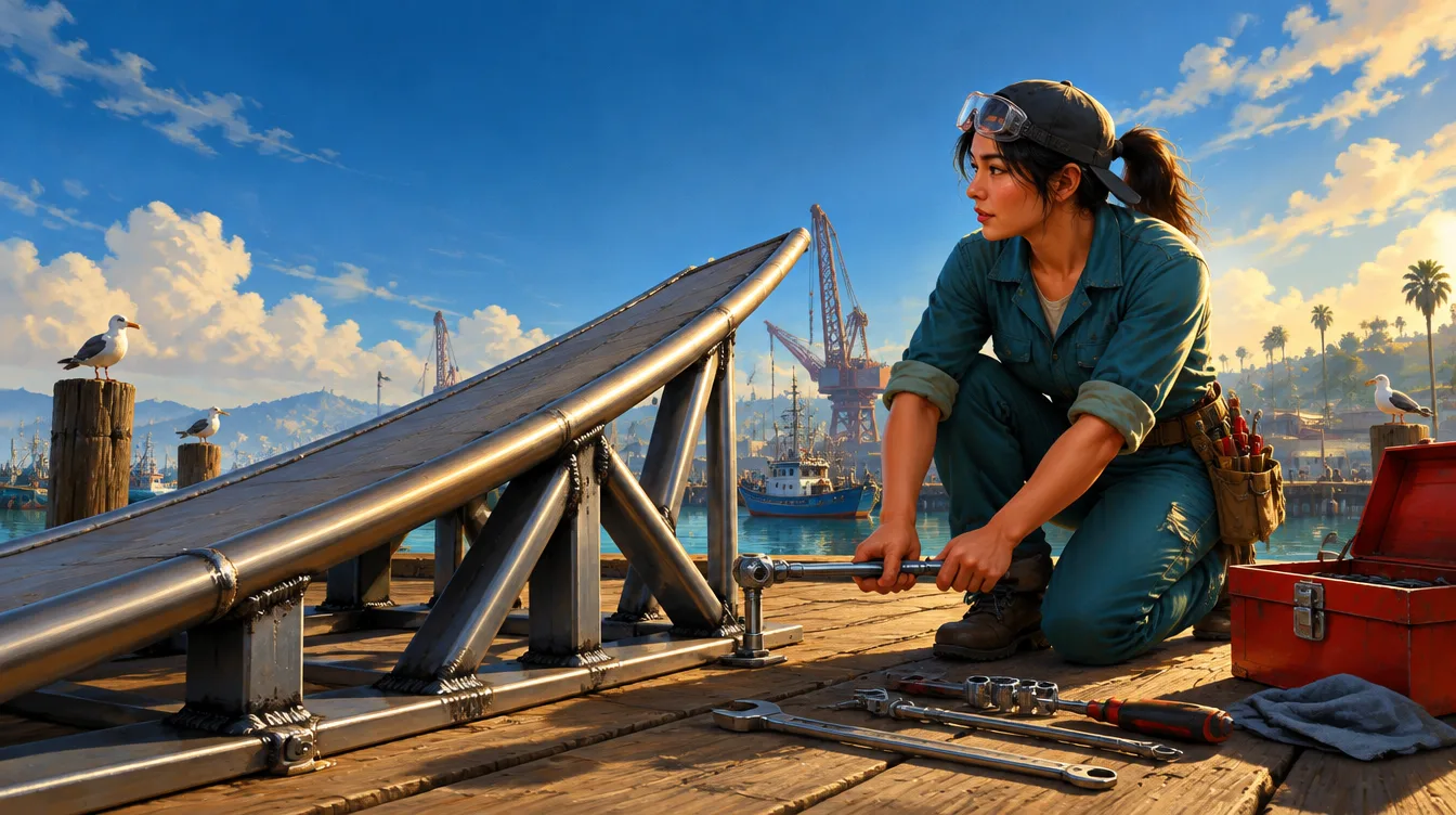 Tam Nguyen berlutut di dermaga Old Harbor, mengencangkan baut ramp pipa baja, kotak perkakas merah di sampingnya, camar bertengger di tiang.